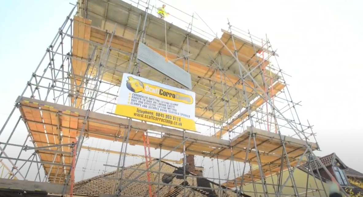 ScaffCorroClamp being used on a scaffolded building
